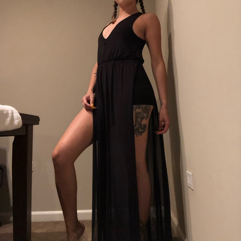 Black romper with sheer skirt